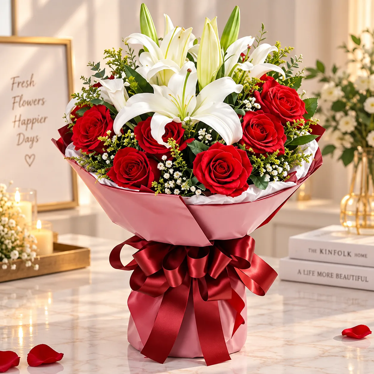 Crimson Rose & White Lily Bouquet
